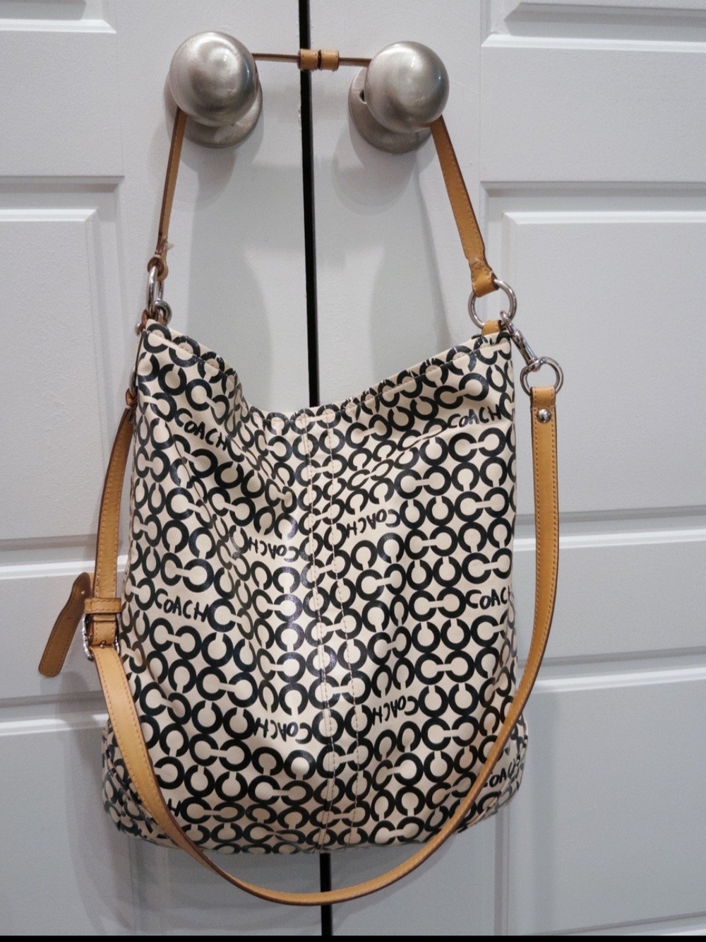 Coach Leah 13341 Op Art Convertible Hobo Shoulder Crossbody Bag Black Ivory